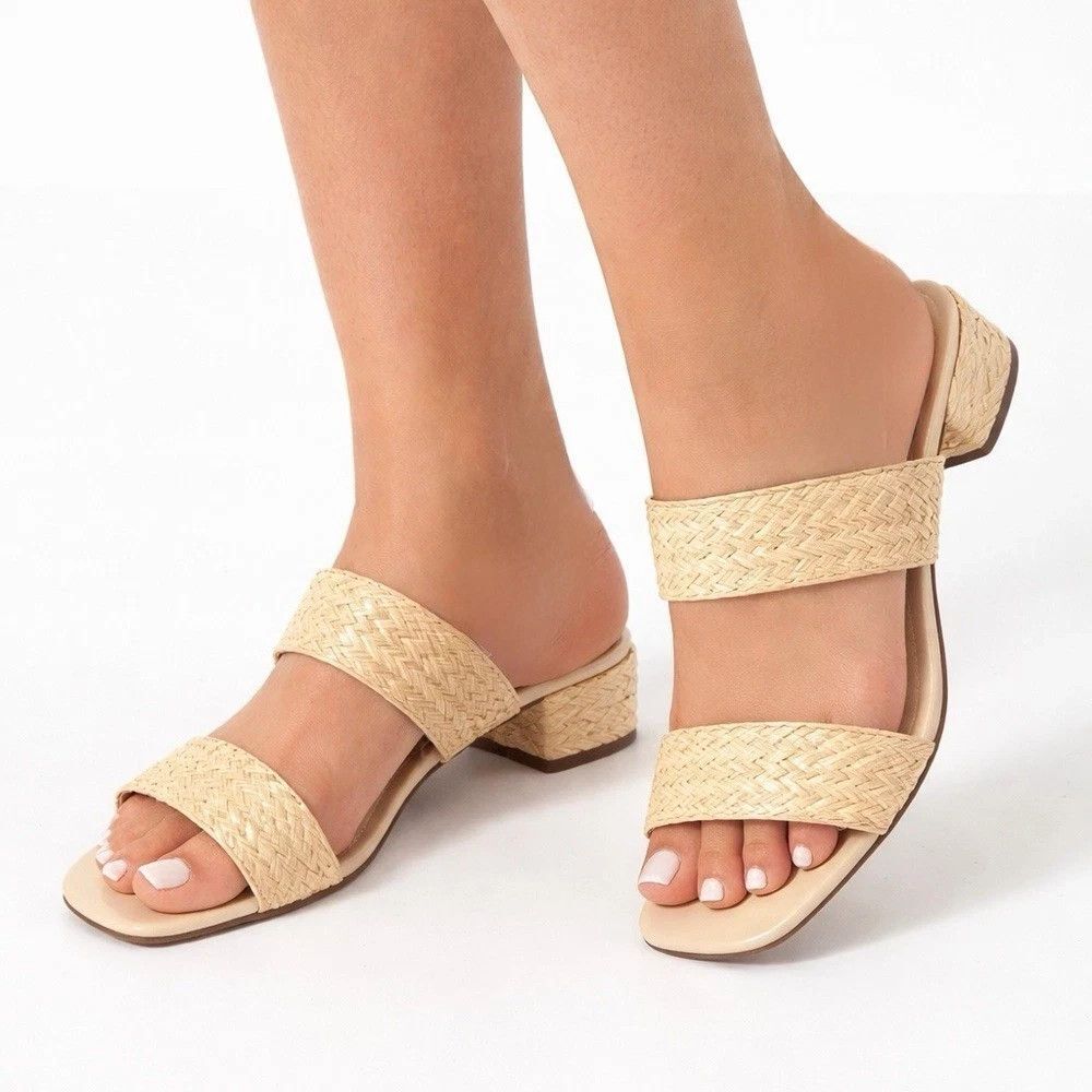 Joie Niki Womens Tan Rafia Straw Block Low Heels Slides Sandals Sz 9 - PLS READ